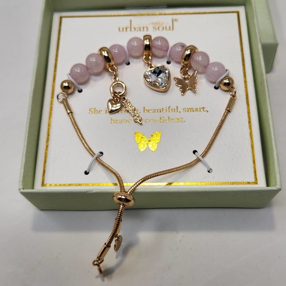 Rose Quartz Bead Heart Crystal Mama Charm Bracelet Gold Tone Slide Adjustable - Picture 3 of 5